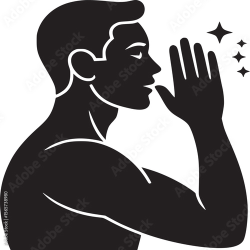 Silhouette of a man with hand near mouth and sparkles indicating fresh breath or cleanliness