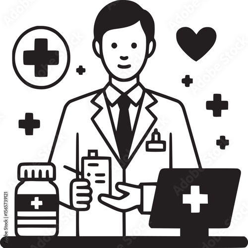 Illustration of a doctor with medical symbols and a heart in black and white style design art