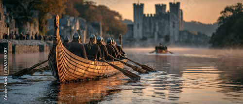 Viking-themed boat on the River Shannon during Athlone River Festival, rowers in full Viking gear with horned helmets and wooden shields