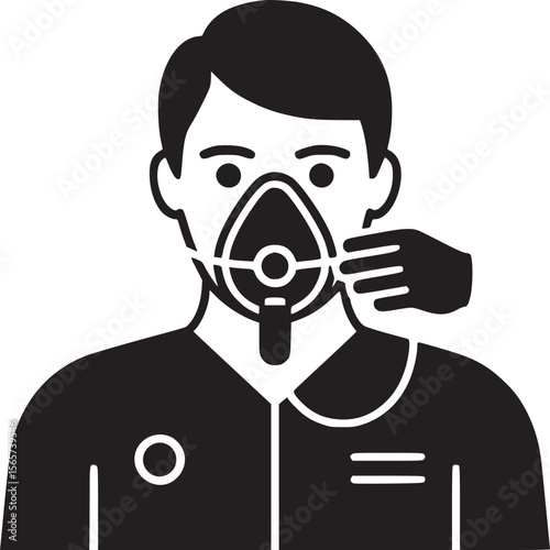 Illustration of a person wearing an oxygen mask with a hand adjusting the mask on a light background