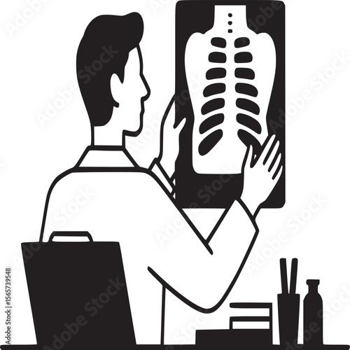 Doctor examining chest x ray in office with laptop and medical supplies in black and white illustration