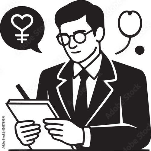 Man in suit writing on clipboard with female symbol and stethoscope in speech bubbles illustration