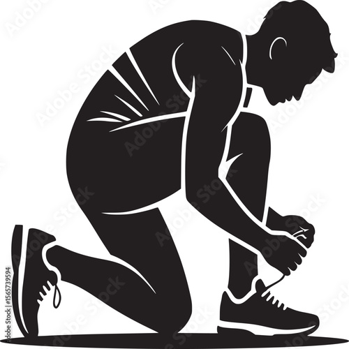 Silhouette of a man kneeling and tying his shoelaces on a white background in a simple illustration