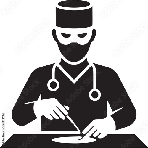 Illustration of a surgeon performing a surgery with tools in black and white minimal design style art
