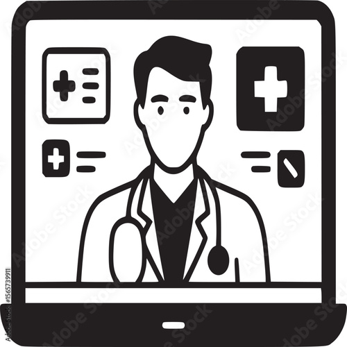 Illustration of a doctor on a laptop screen representing online medical consultation services available now