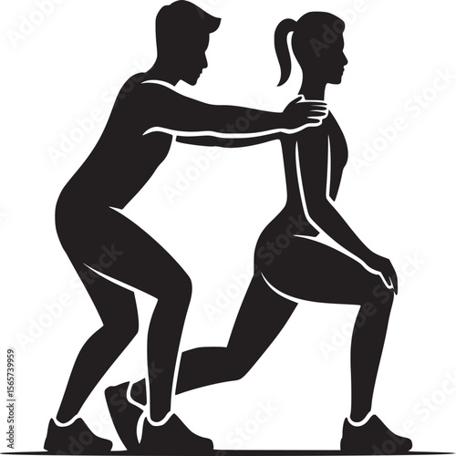 Silhouette of a man assisting a woman in a lunge exercise with hands on her shoulders for support