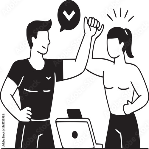 Two people high fiving in front of a laptop with a checkmark in a speech bubble above them together