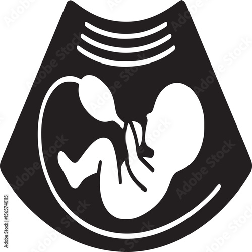 Ultrasound image showing a fetus in the womb depicted in black and white with simplified design elements