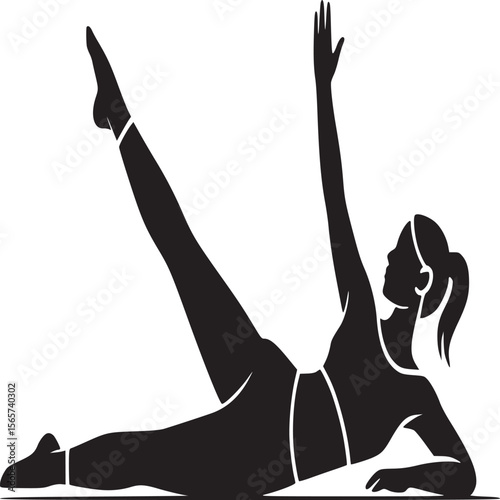 Silhouette of woman in workout gear lying down doing leg raises and arm raise on white background