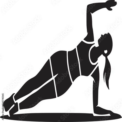 Silhouette of woman doing side plank exercise with arm raised in black and white illustration fitness
