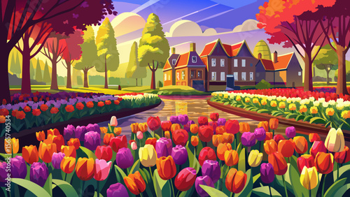 Keukenhof Gardens in the Netherlands transform into a sea of red, yellow, and purple tulips in spring, glowing softly in the gentle sunlight.