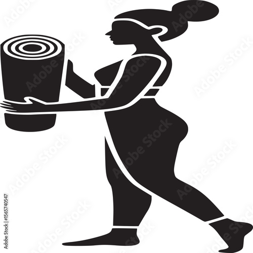 Silhouette of a woman in athletic wear holding a rolled up yoga mat against a plain background