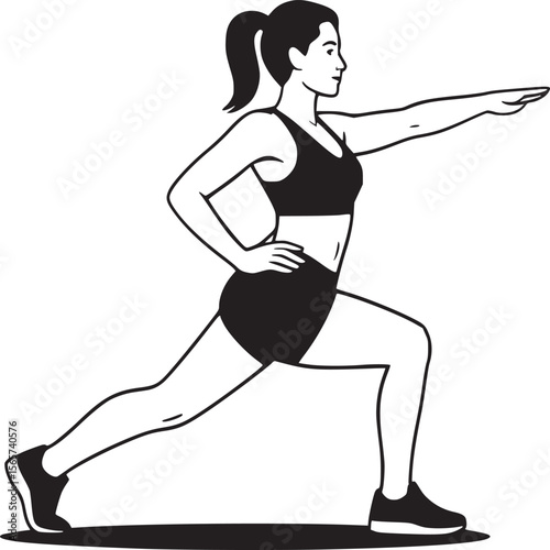 Woman in athletic wear performing a lunge with arm extended in a black and white illustration