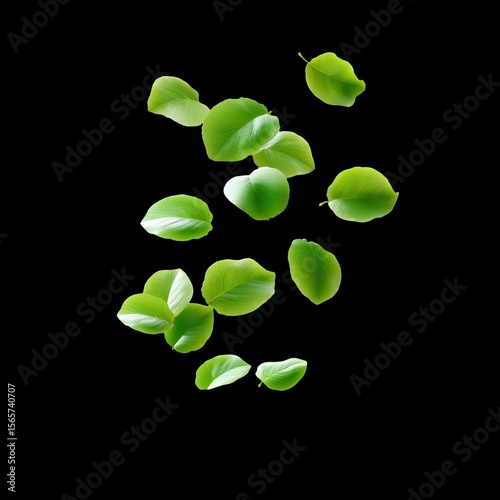 Fresh Green Leaves Isolated on Black Background for Nature Themes