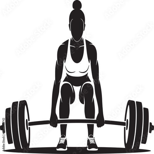 Silhouette of a woman lifting a barbell in a squat position against a light gray background image