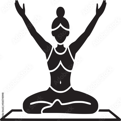 Silhouette of woman in lotus pose with arms raised on yoga mat in a simple black and white design