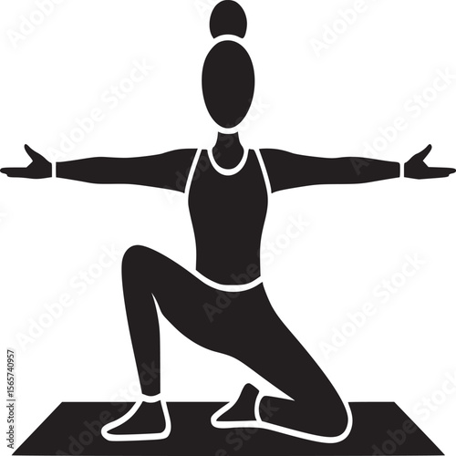 Silhouette of a woman in a yoga pose with arms extended on a mat against a light gray background