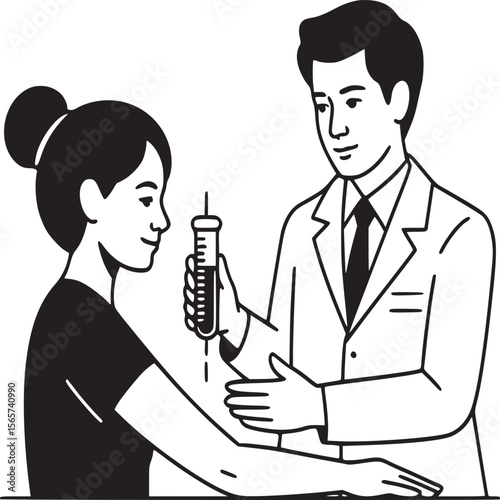 A doctor holding a vial near a patient's arm preparing for an injection in a medical setting scene
