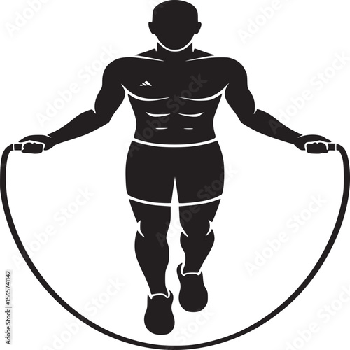 Athletic man silhouette skipping rope with defined abs and muscular physique in black and white style