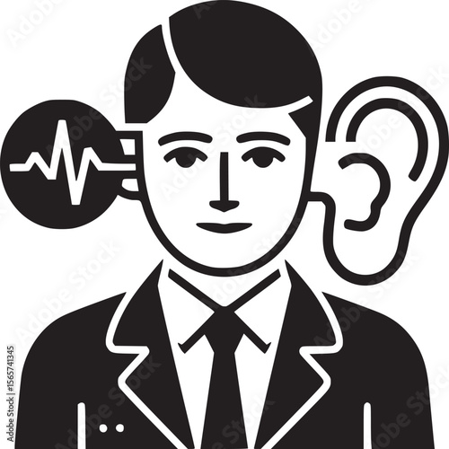 Illustration of a man with sound waves and ear depicting hearing or auditory perception concept