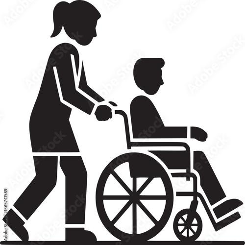 Illustration of a woman pushing a man in a wheelchair on a light gray background in black and white