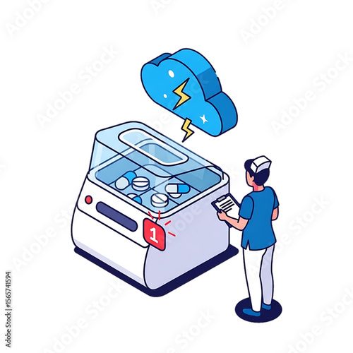Neonatal incubator showing power alert, monitored by medical staff for newborn care.