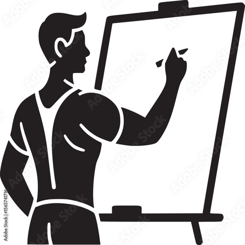Silhouette of a muscular man writing on a whiteboard with a marker in a minimalist illustration style