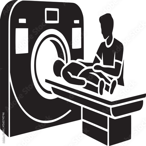 A black and white graphic of a patient undergoing a ct scan with a medical professional present beside him