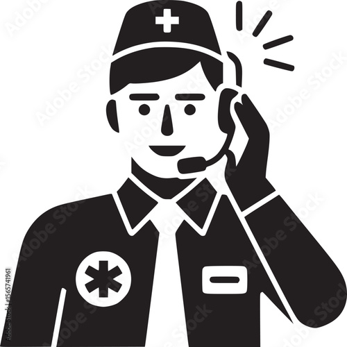 Black and white graphic of a medical professional wearing a headset and uniform with a plus sign