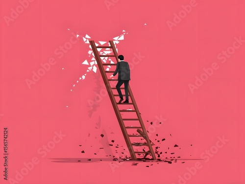 An individual ascending a precarious ladder, symbolizing personal growth and overcoming obstacles against a vibrant background.