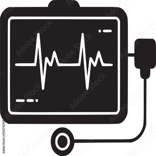 A black and white illustration of an ekg monitor displaying a heart rhythm with sensor attached to it