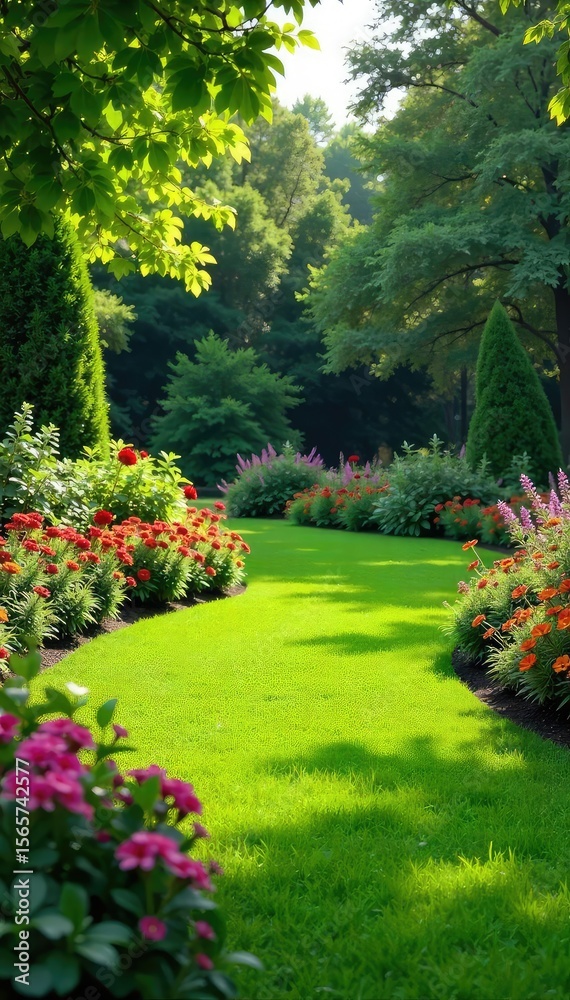 Fototapeta premium Serene garden landscape featuring meticulously manicured lawns, vibrant flowerbeds, and lush greenery, creating a peaceful and aesthetically pleasing outdoor scene , water, wildlife