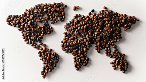 Coffee beans shaped like world map on white background create unique and artistic representation of global coffee culture. This captures essence of coffee worldwide appeal