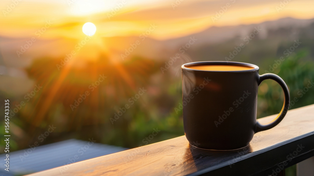 Obraz premium Coffee cup on balcony railing with stunning sunrise view creates serene and peaceful atmosphere, perfect for enjoying morning beverage. warm colors of sunrise enhance tranquil setting