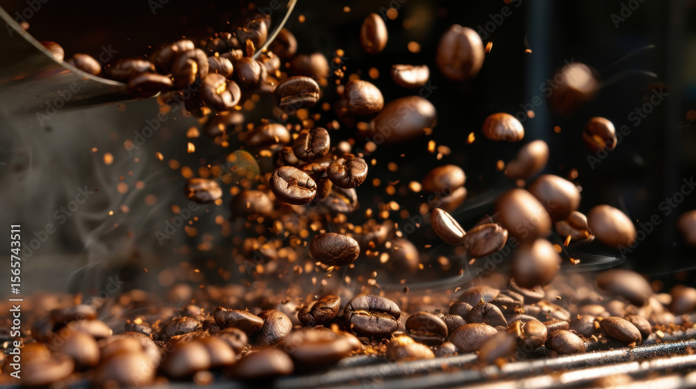 Obraz premium Freshly roasted coffee beans are captured mid air, showcasing their rich brown color and texture as they tumble from traditional drum roaster. scene evokes sense of warmth and aroma