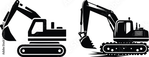 Excavator icon set, black construction vehicle silhouettes vector illustration on white background