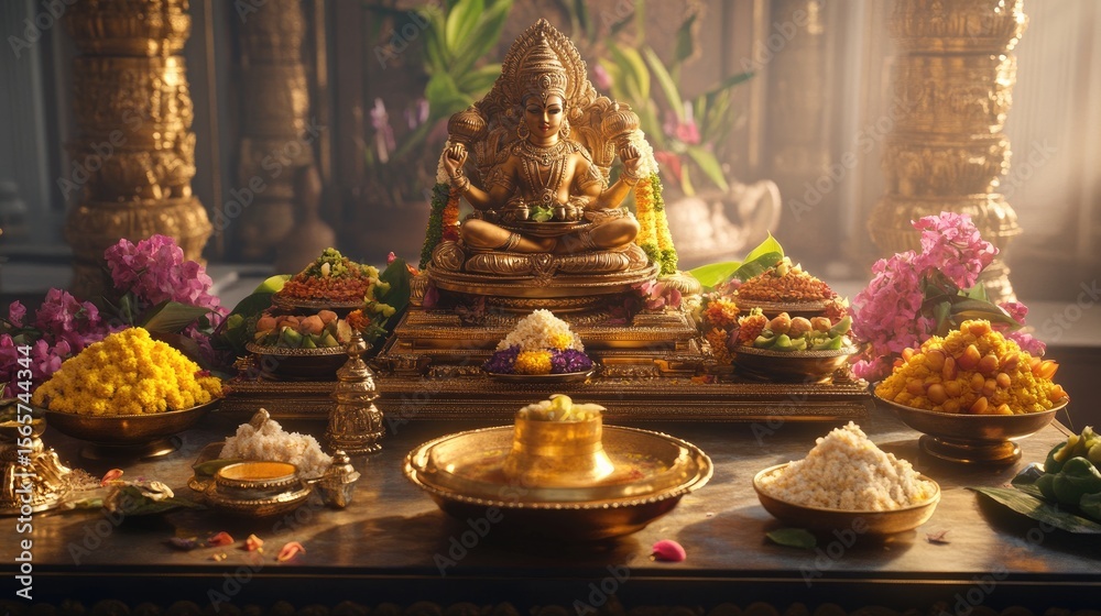 Naklejka premium An elegant arrangement of Narayanaa??s offerings displayed on a traditional altar