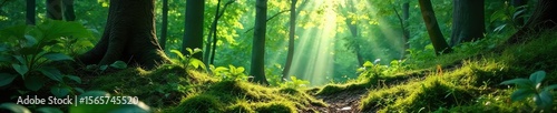 Lush green forest scene, sunlight dappling through leaves onto a mossy forest floor Perfect for nature, ecology, or environmental themes Tranquil and serene atmosphere , organic, natural