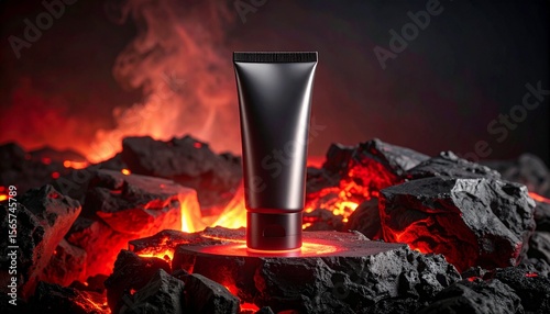 Mystic skincare product and Lava: A sleek, minimalist tube of skincare product, poised dramatically against a background of glowing hot lava and rugged dark rocks.