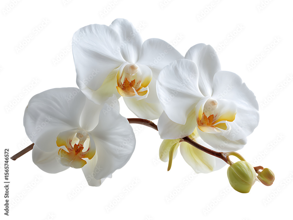 Obraz premium Vibrant photo of delicate white orchid flowers with yellow centers and buds isolated on transparent background.