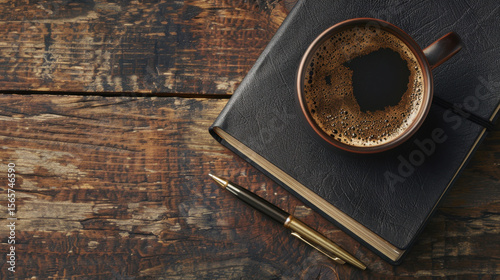 Top down view of black coffee cup resting on dark notebook, accompanied by pen, creates cozy and inviting atmosphere perfect for writing or reflection
