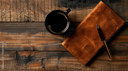 Top down view of warm brown leather notebook, black coffee cup, and sleek pen resting on rustic wooden table creates cozy and inviting atmosphere for creativity