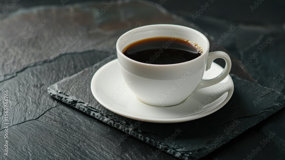 Fototapeta premium White coffee cup with saucer sits elegantly on black slate table, showcasing rich, dark brew. contrast creates sophisticated and inviting atmosphere for coffee lovers