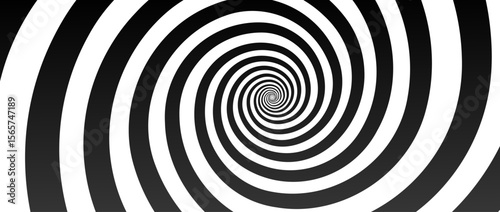 Hypnotic spirals background. Radial optical illusion. Black and white swirl tunnel wallpaper. Horizontal spinning concentric curves. Vortex or whirlpool design for poster, banner, flyer.Vector
