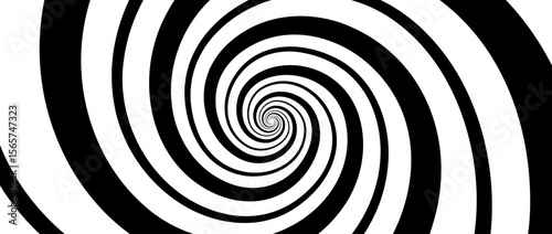 Hypnotic spirals background. Radial optical illusion. Black and white swirl tunnel wallpaper. Horizontal spinning concentric curves. Vortex or whirlpool design for poster, banner, flyer.Vector