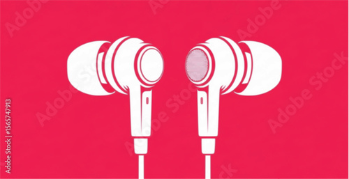 A pair of white in-ear headphones against a vibrant red background.