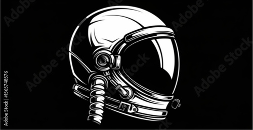 Detailed black and white illustration of an astronaut's space helmet, isolated.