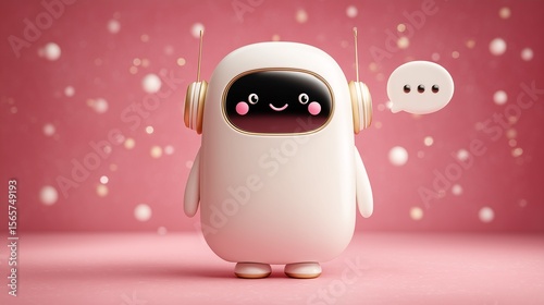 Cute AI chatbot robot with headphones on a pink background, symbolizing calm digital mental health support and friendly conversation