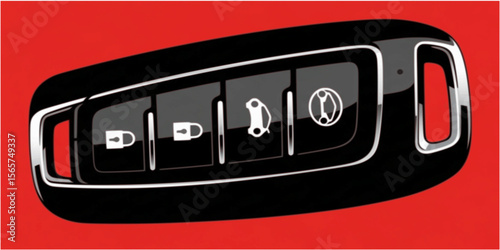 A sleek, black car key fob with silver accents and buttons.