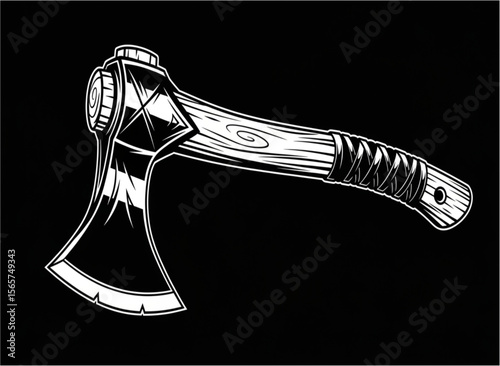 A detailed monochrome illustration of an axe with a wooden handle, set against a black background.